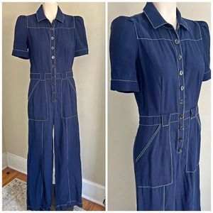 A LOVES A blue contrast stitch retro inspired wide leg button front jumpsuit